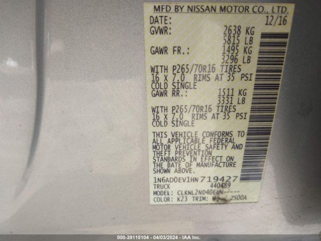 1N6AD0EV1HN719427 Nissan Frontier Sv