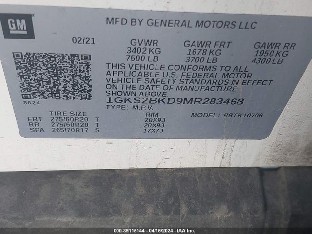 GMC Yukon 4wd Slt 2021 1GKS2BKD9MR283468 Image 9