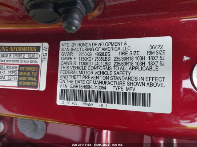 5J6RT6H80NL043054 Honda Cr-v Hybrid Ex-l