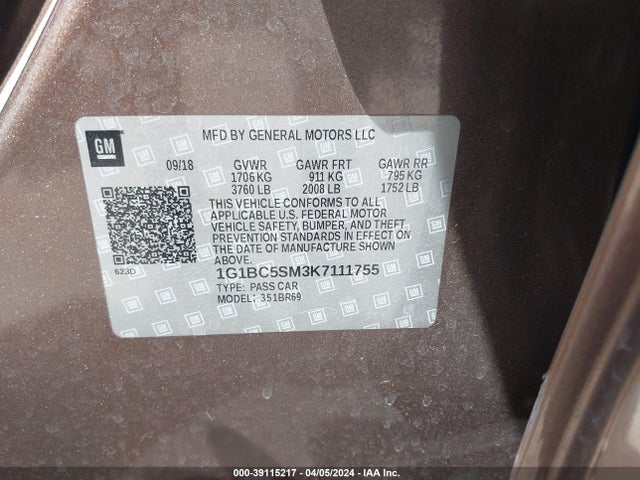 Chevrolet CRUZE LS 2019 1G1BC5SM3K7111755 Image 9
