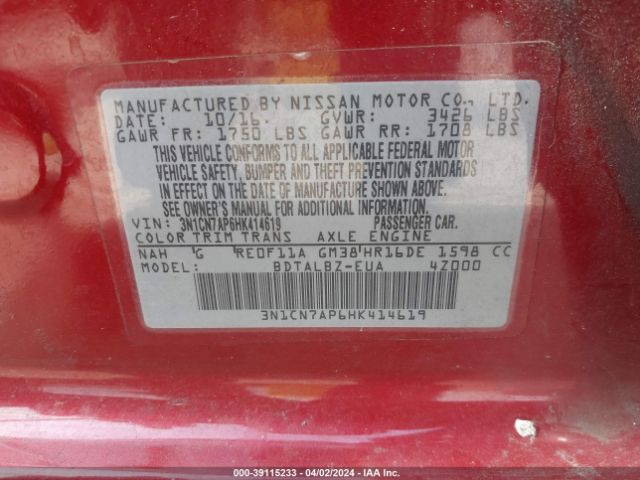 3N1CN7AP6HK414619 Nissan Versa 1.6 Sv