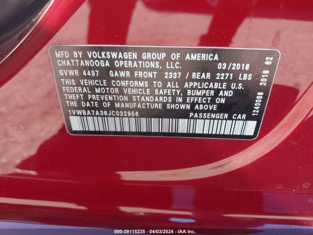 1VWBA7A36JC032956 Volkswagen Passat 2.0t Se