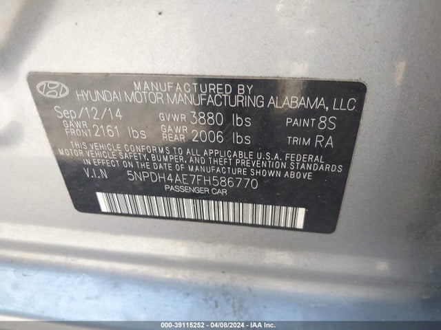 Hyundai ELANTRA SE 2015 5NPDH4AE7FH586770 Image 9