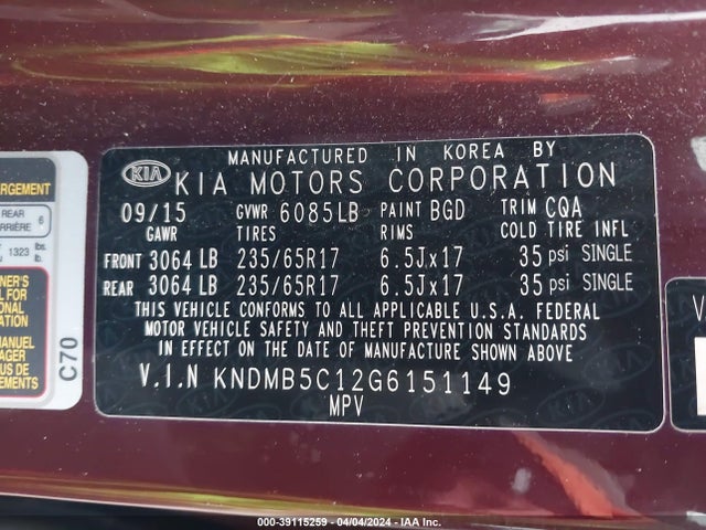 KIA SEDONA LX 2016 KNDMB5C12G6151149 Image 9