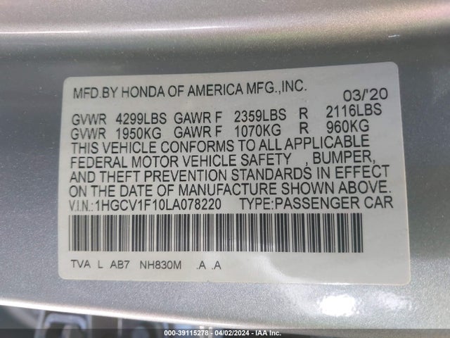 Honda ACCORD LX 2020 1HGCV1F10LA078220 Image 9