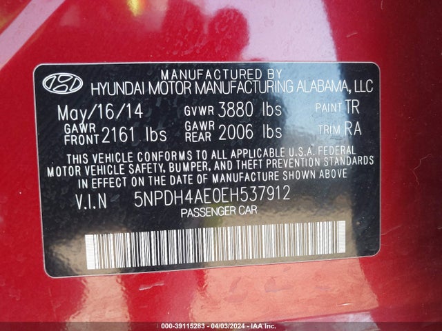 Hyundai ELANTRA SE 2014 5NPDH4AE0EH537912 Image 9