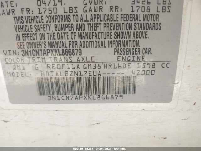 Nissan Versa 1.6 Sv 2019 3N1CN7APXKL866879 Image 9