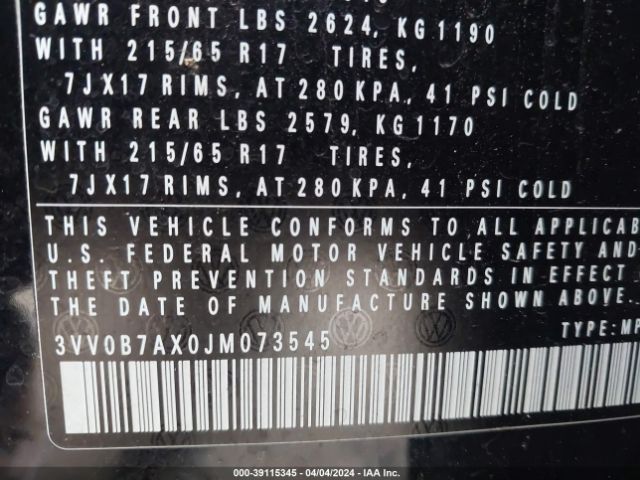 3VV0B7AX0JM073545 Volkswagen Tiguan 2.0t S