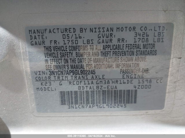 Nissan Versa 1.6 Sv 2016 3N1CN7AP9GL902245 Image 9