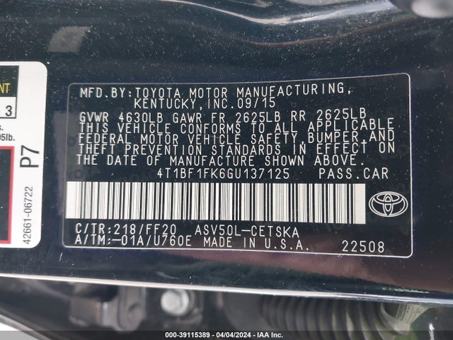 Toyota CAMRY SE 2016 4T1BF1FK6GU137125 Image 9
