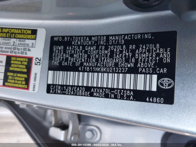 Toyota CAMRY SE 2019 4T1B11HK8KU213237 Image 9