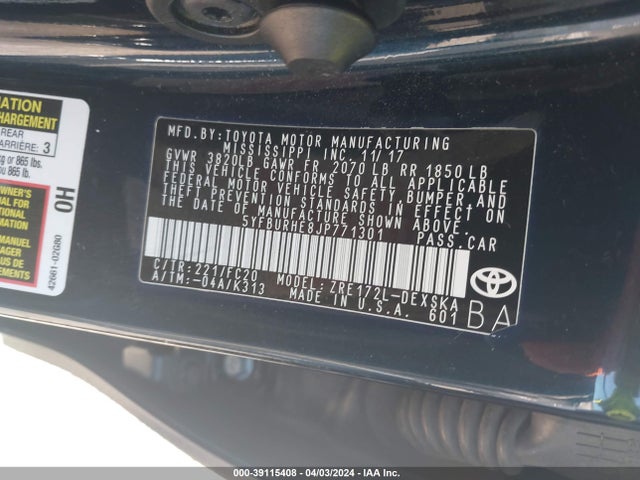 Toyota COROLLA SE 2018 5YFBURHE8JP771301 Image 9