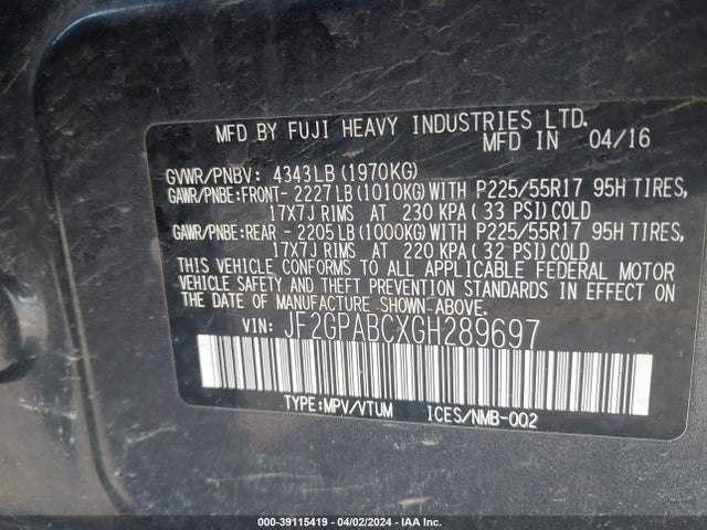 JF2GPABCXGH289697 Subaru Crosstrek 2.0i Premium