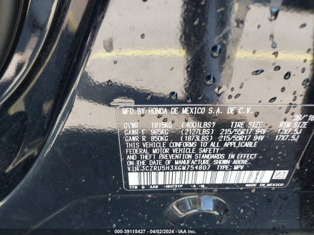 Honda HR-V LX 2016 3CZRU5H3XGM754807 Image 9