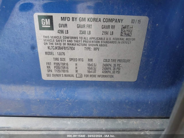 Chevrolet Trax 1ls 2015 KL7CJKSB4FB157934 Image 9