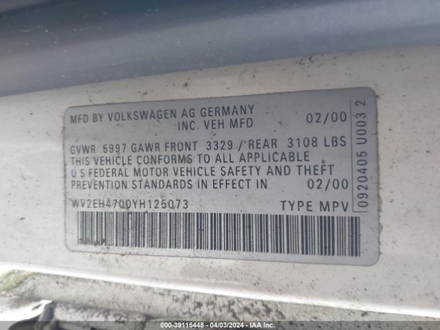 2000 VOLKSWAGEN EUROVAN WV2EH4700YH125073 Photo 8