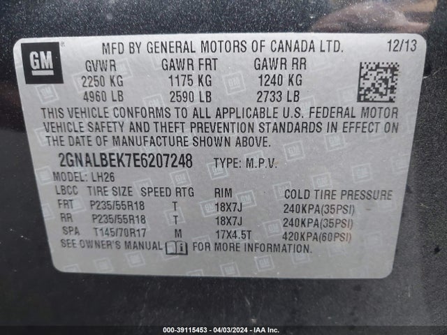 Chevrolet EQUINOX 1LT 2014 2GNALBEK7E6207248 Image 9