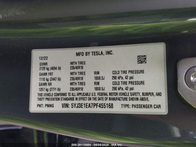 5YJ3E1EA7PF455168 Tesla Model 3 Rear-wheel Drive