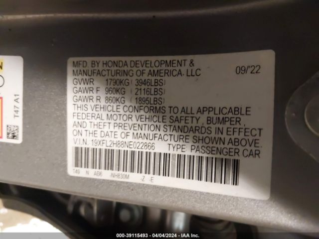 19XFL2H88NE022866 Honda Civic Sport