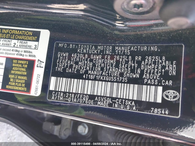 Toyota CAMRY SE 2016 4T1BF1FKXGU551735 Image 9