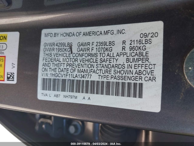 Honda ACCORD LX 2020 1HGCV1F11LA134777 Image 9