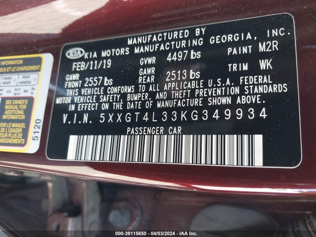KIA Optima Lx 2019 5XXGT4L33KG349934 Image 9