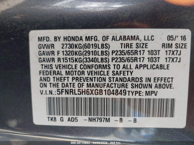 Honda Odyssey Ex-l 2016 5FNRL5H6XGB104849 Image 9