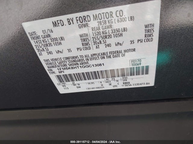 Ford Explorer Platinum 2016 1FM5K8HT1GGC13081 Image 9