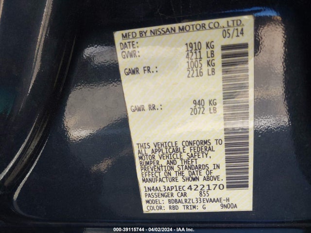 Nissan Altima 2.5 S 2014 1N4AL3AP1EC422170 Image 9