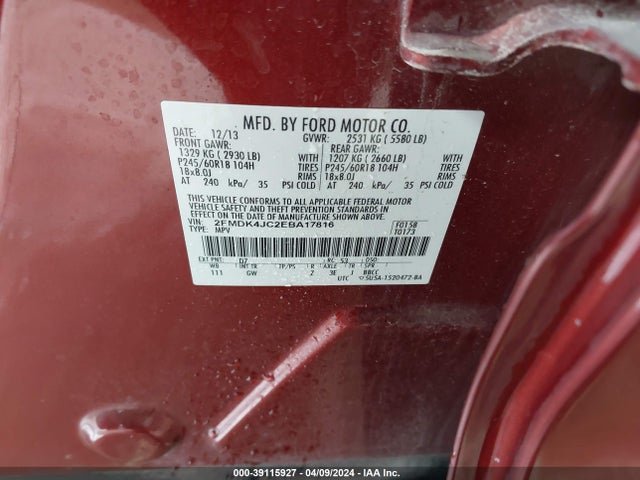 Ford EDGE SEL 2014 2FMDK4JC2EBA17816 Image 9