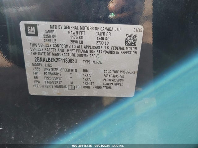 Chevrolet EQUINOX 1LT 2015 2GNALBEK2F1139830 Image 9