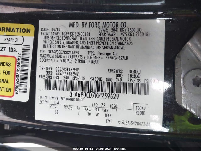 Ford FUSION SEL 2019 3FA6P0CD7KR259629 Image 9