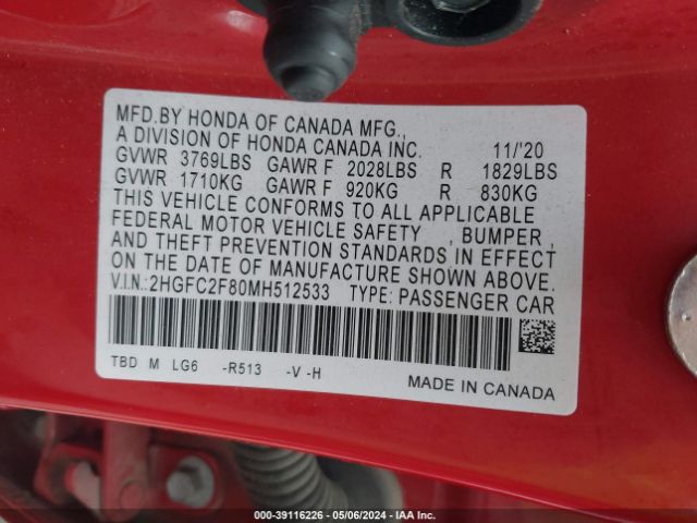 2HGFC2F80MH512533 Honda Civic Sport