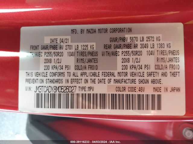 JM3TCADY8M0526027 Mazda Cx-9 Grand Touring