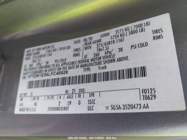 Ford F-150 Xlt 2020 1FTEW1E59LFC45928 Image 9