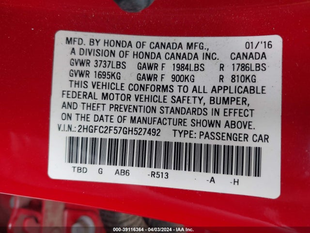 Honda Civic Lx 2016 2HGFC2F57GH527492 Image 9