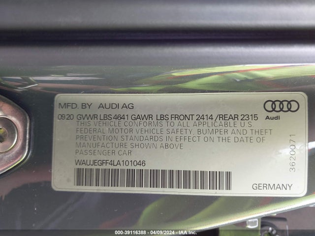 WAUJEGFF4LA101046 Audi A3 Premium Plus 45 Tfsi S Line Quattro S Tronic