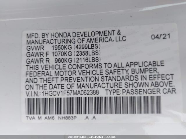 1HGCV1F57MA062388 Honda Accord Ex-l