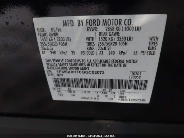 1FM5K8HT0GGC02072 Ford Explorer Platinum