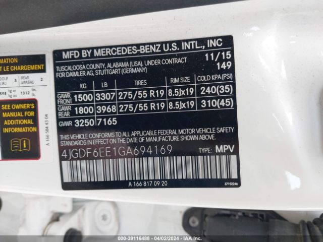 4JGDF6EE1GA694169 Mercedes-Benz Gl 450 4matic