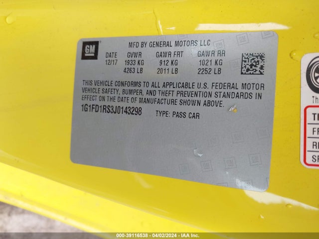 Chevrolet Camaro 2lt 2018 1G1FD1RS3J0143298 Image 9