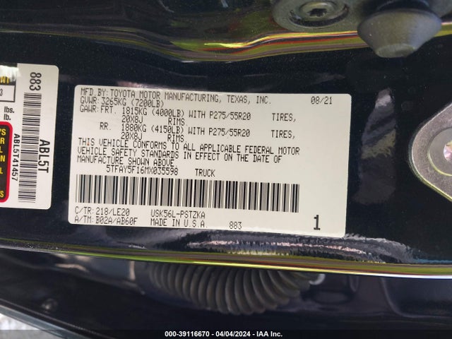Toyota Tundra Platinum 2021 5TFAY5F16MX035598 Image 9