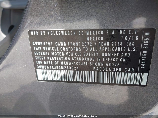 3VWB67AJ9GM263924 Volkswagen Jetta 1.4t Se