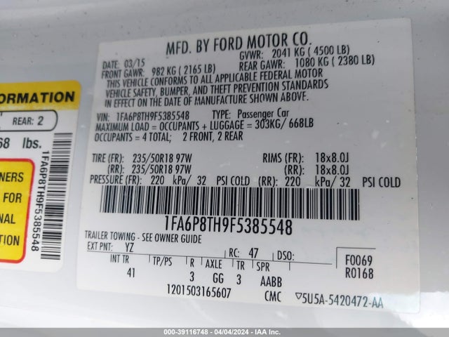 Ford Mustang Ecoboost 2015 1FA6P8TH9F5385548 Image 9