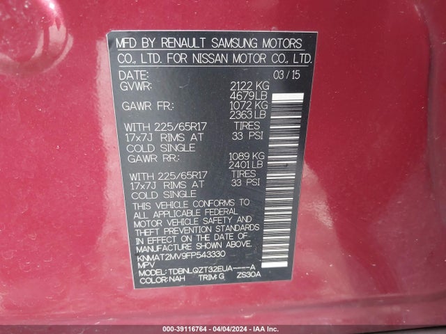Nissan ROGUE SV 2015 KNMAT2MV9FP543330 Image 9
