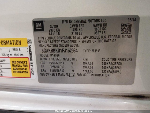 5GAKRBKD1FJ152934 Buick Enclave Leather
