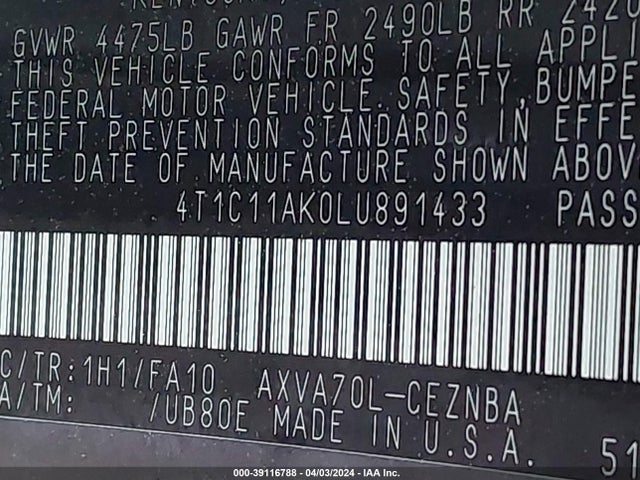 Toyota CAMRY LE 2020 4T1C11AK0LU891433 Image 9