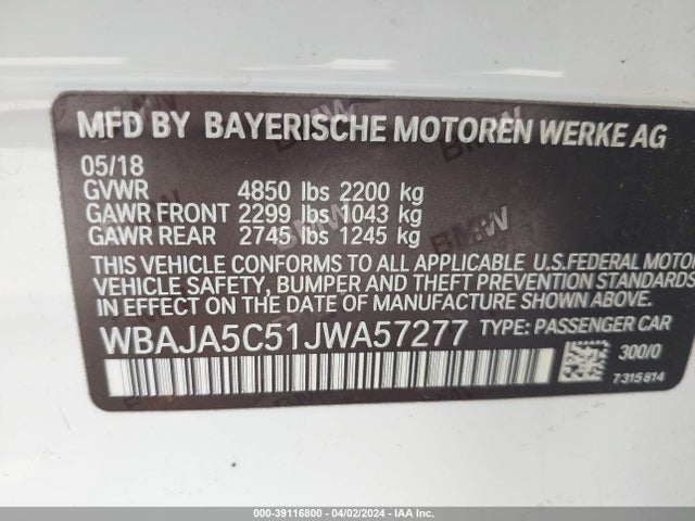 BMW 530I 2018 WBAJA5C51JWA57277 Image 9