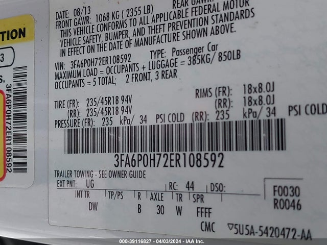 Ford FUSION SE 2014 3FA6P0H72ER108592 Image 9
