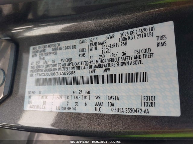 Ford Escape Titanium 2016 1FMCU0JX6GUA09605 Image 9